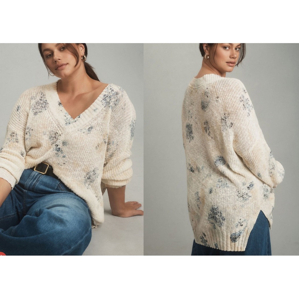 Anthropologie Pilcro Slouchy V-Neck Sweater Sz XL Boho Floral Cotton Linen
